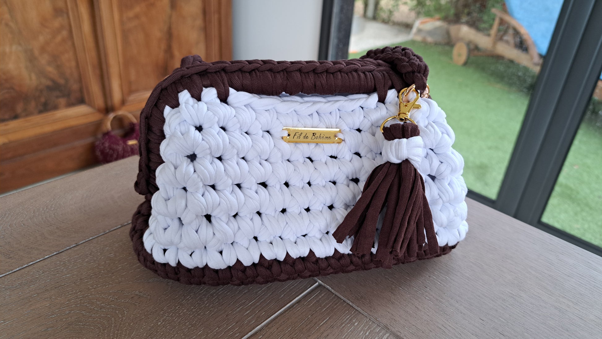 Sac BreeLyne blanc et chocolat au crochet fait main en France
