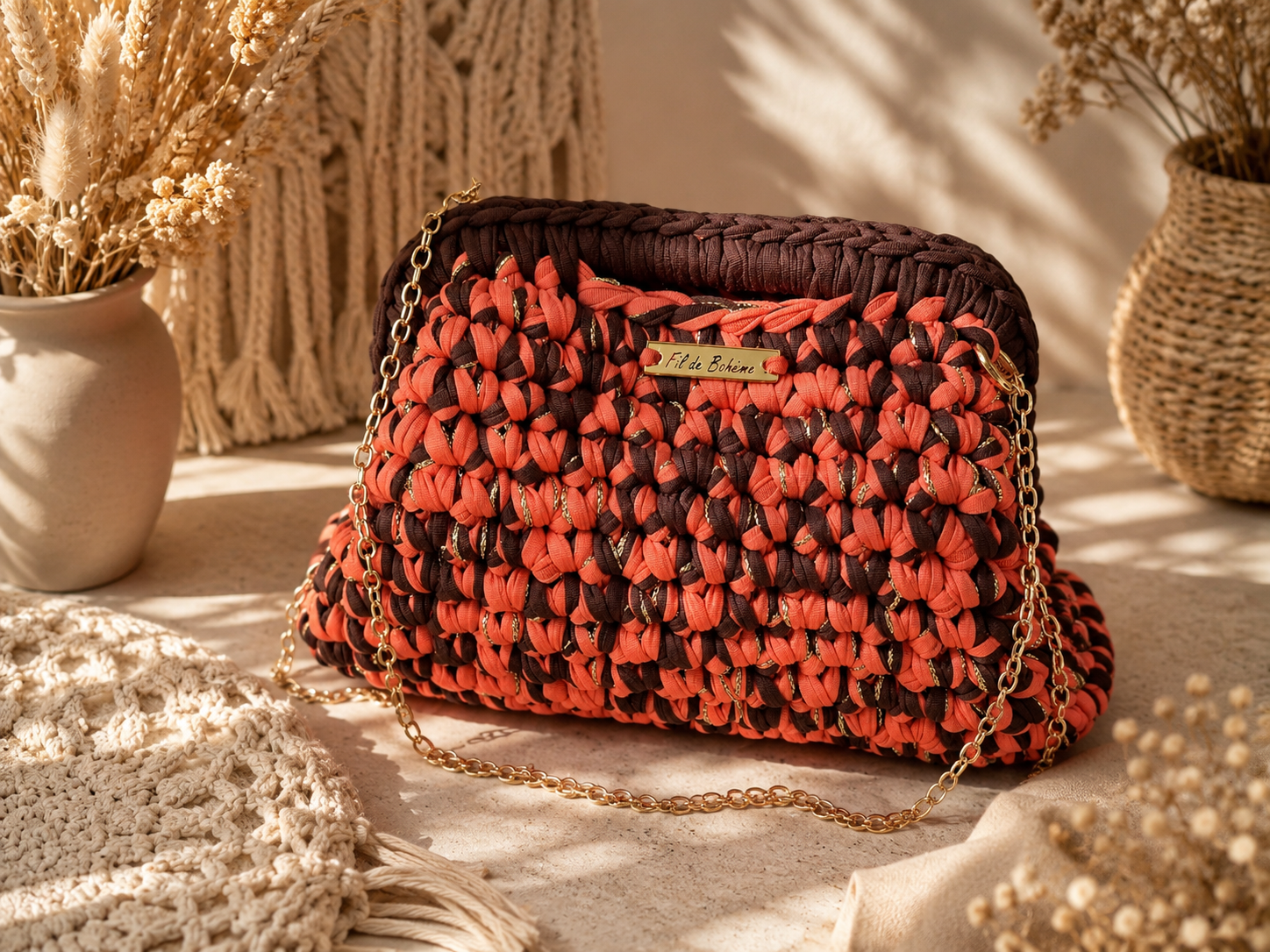Sac BreeLyne rouge et noir au crochet fait main en France avec fil doré