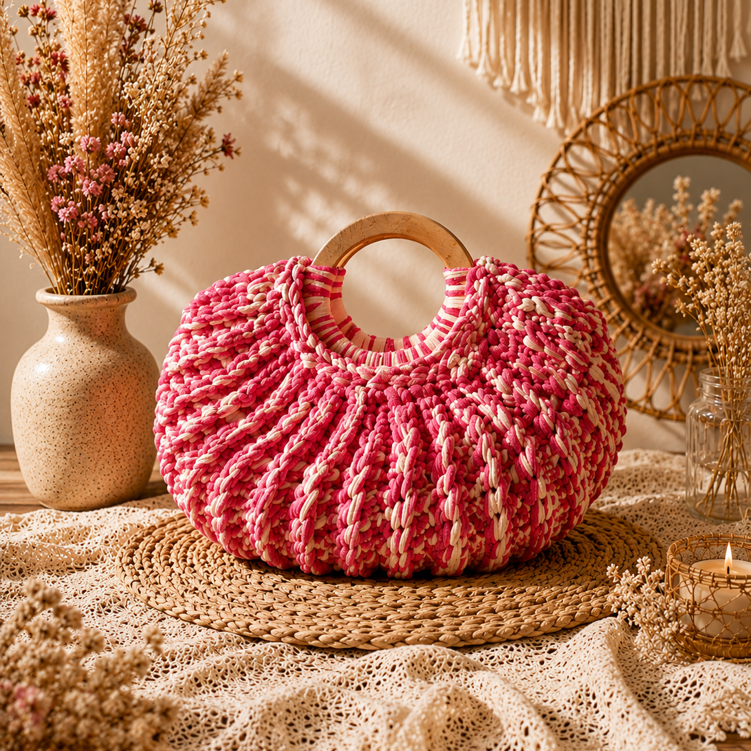 Sac YoZa rose et blanc au crochet fait main en France avec anse en bois
