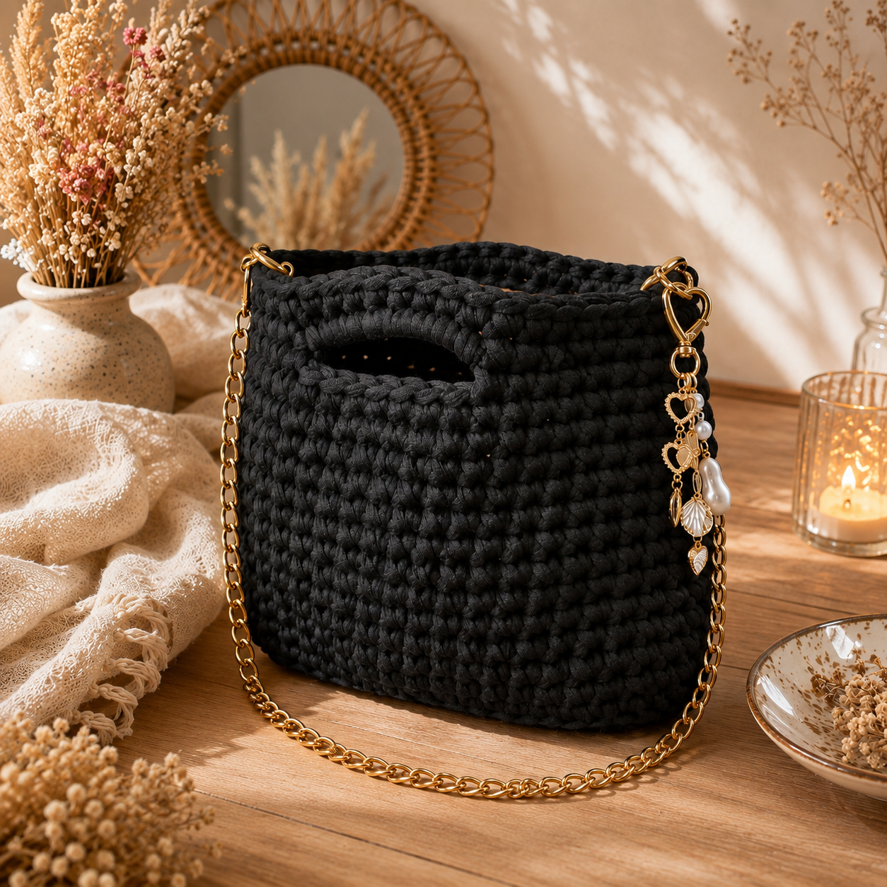 Sac MaryLou noir au crochet fait main en France avec chaîne dorée